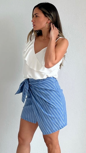 Pretty Charming in Blue Stripes Asymmetrical Skirt