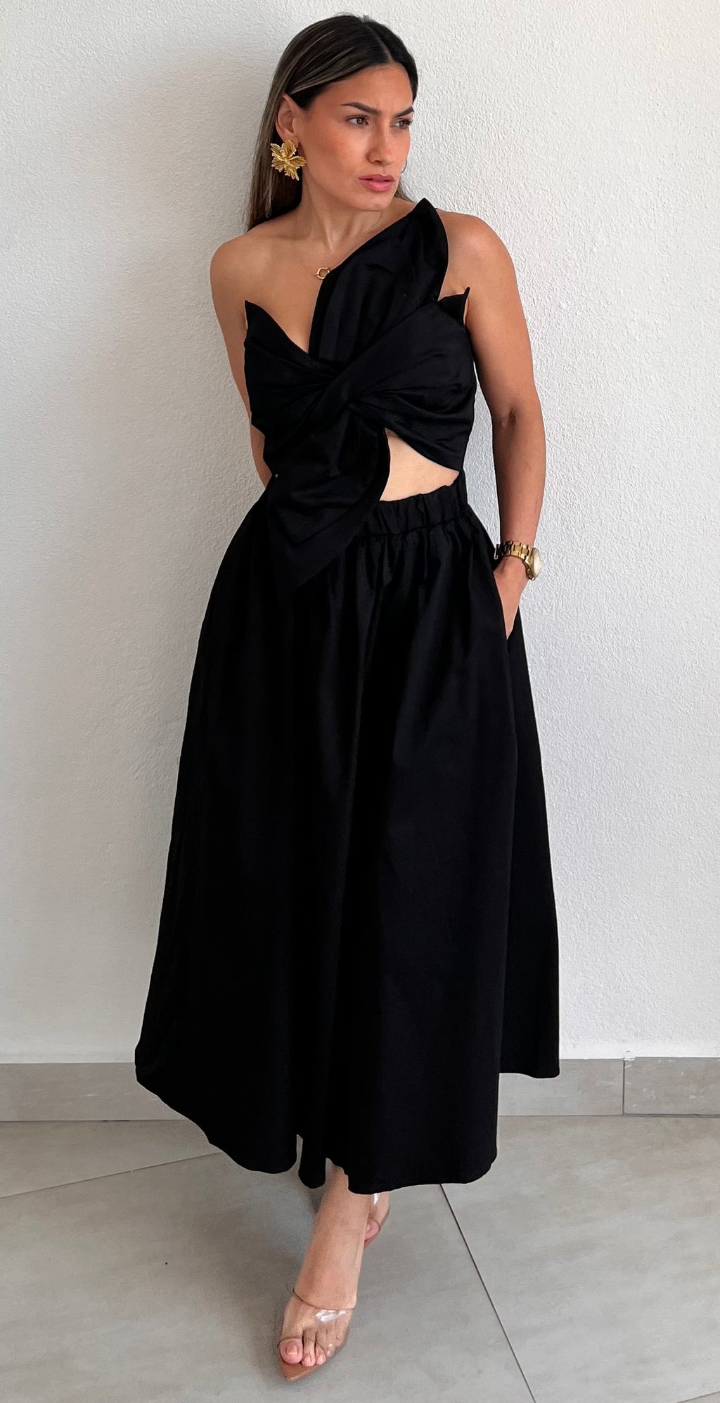 Bloom Style Black One-Shoulder Midi Dress