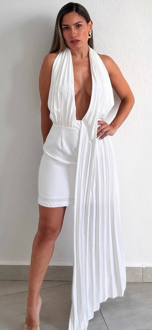 white halter pleated dress Elegant White Pleated Halter A-line Dress FancyAdd