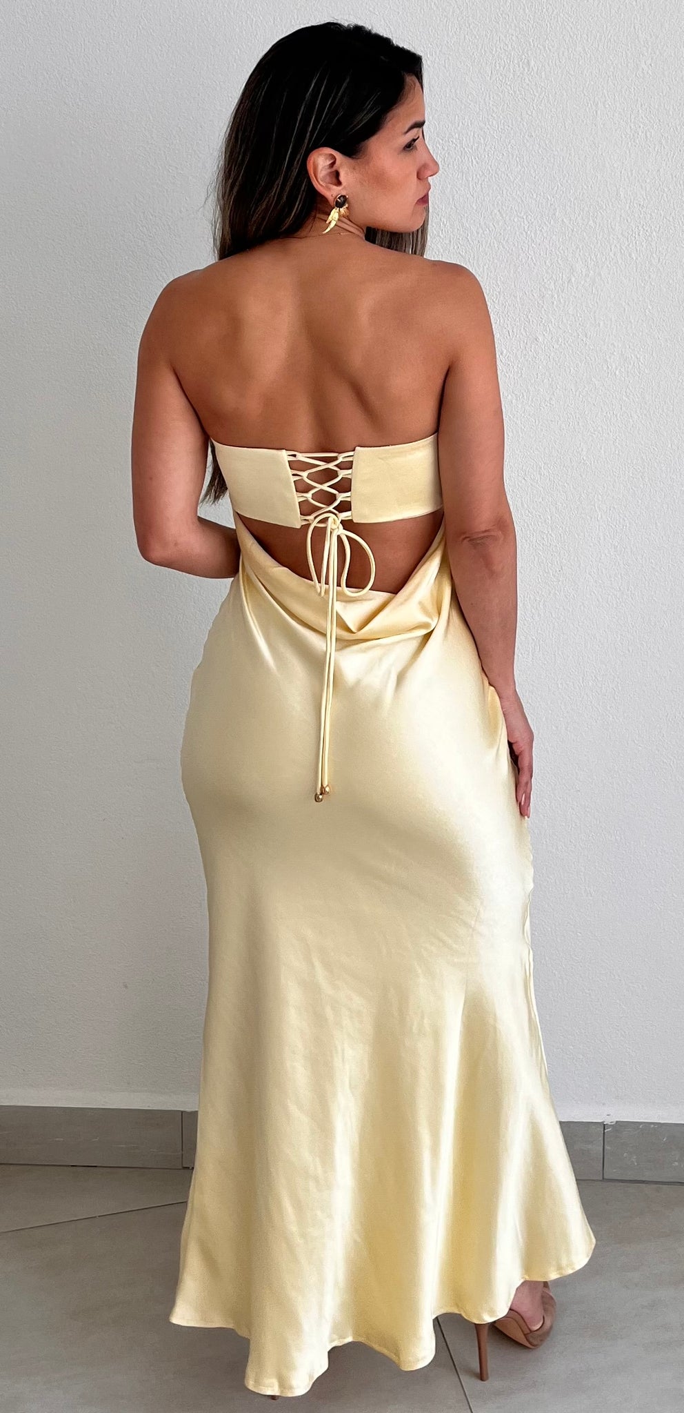 Exquisitely Chic Butter Yellow Satin Long Dress