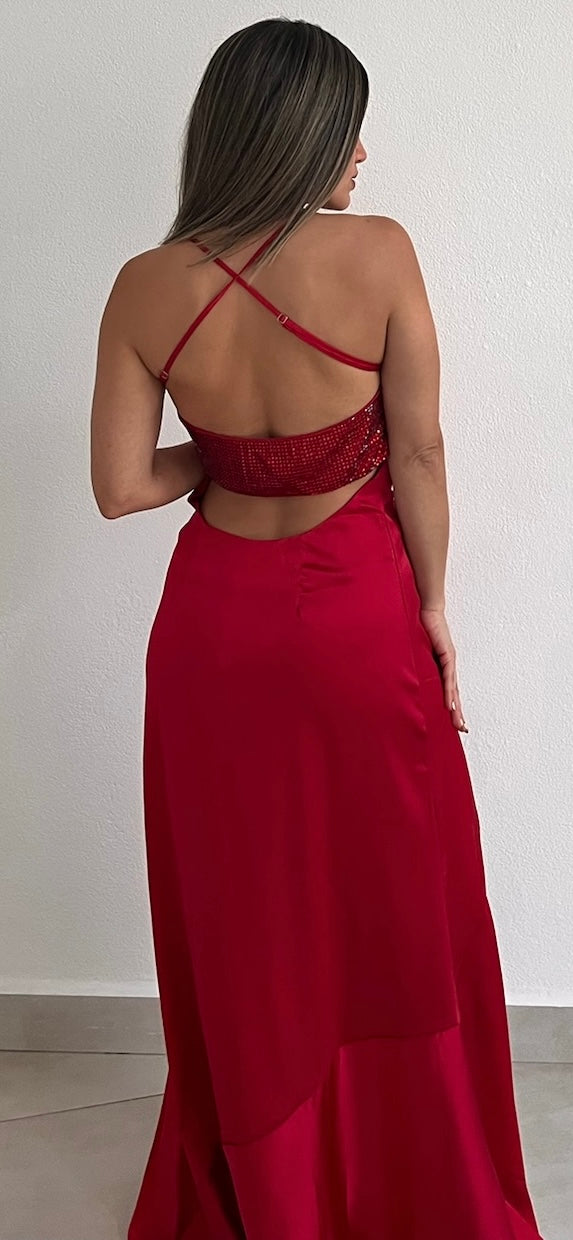 Moment to Shine Red Satin Long Dress