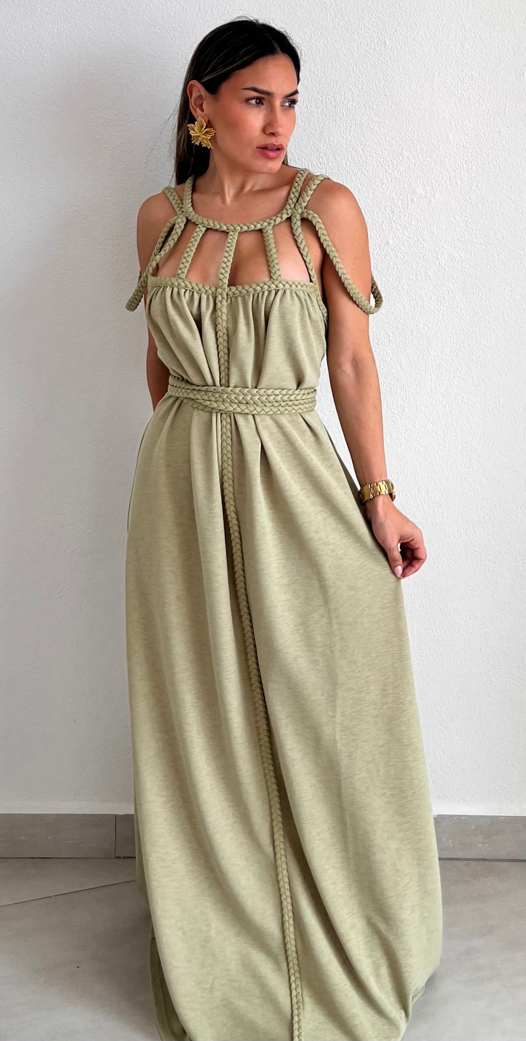Goddess in Sage and Braids Maxi Dress