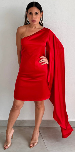 Stylish Cape One-Shoulder Red Dress