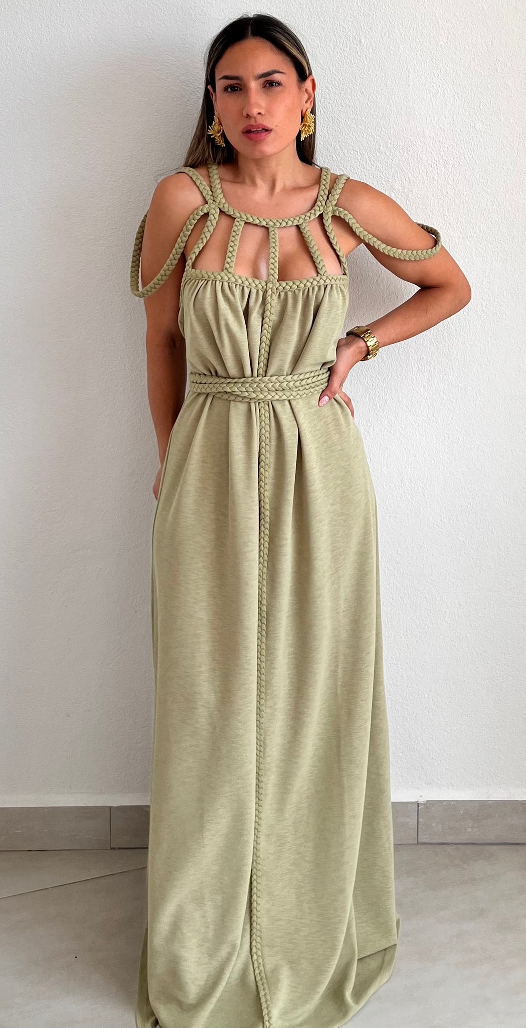 Goddess in Sage and Braids Maxi Dress
