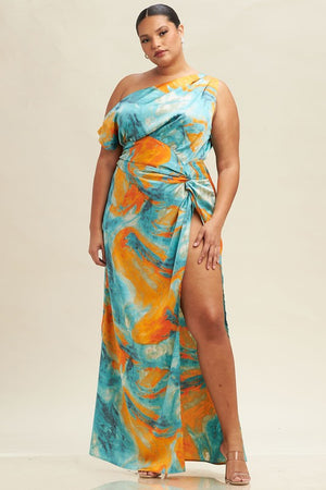 Radiant Mood Blue Print Satin Long Dress