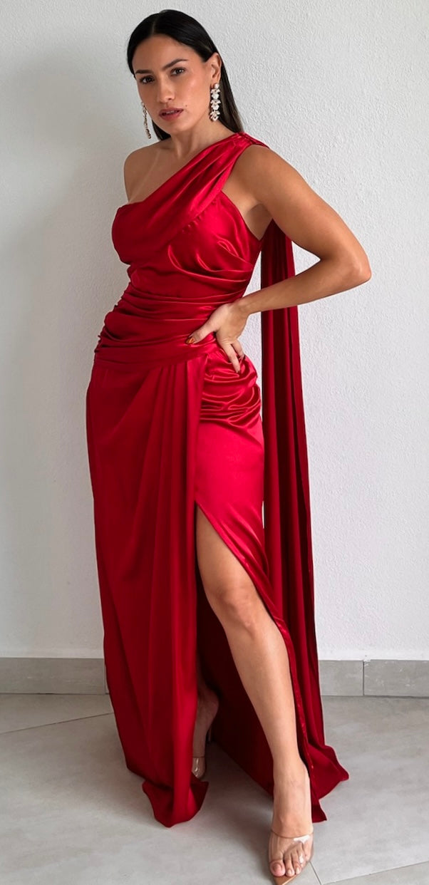 Signature Elegance Red One-Shoulder Long Dress