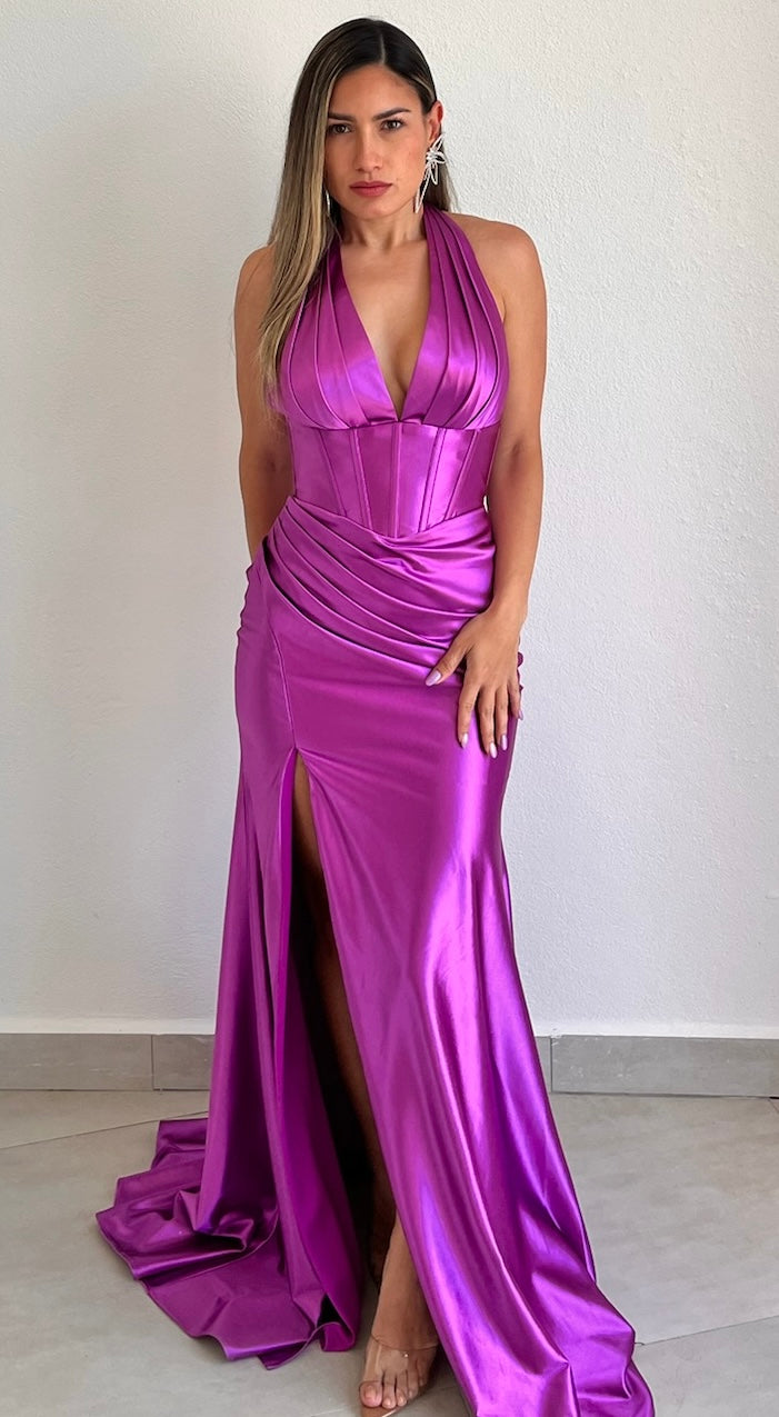 Simply Enchanted Orchid Halter Satin Gown