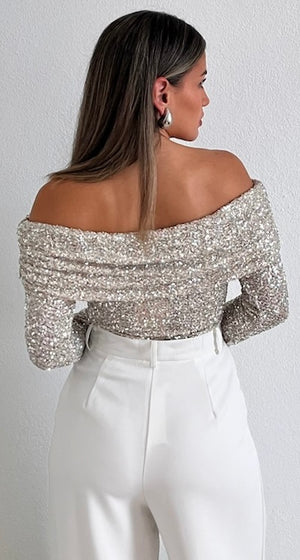 Sparkling Behavior Sequins Off-Shoulder Top