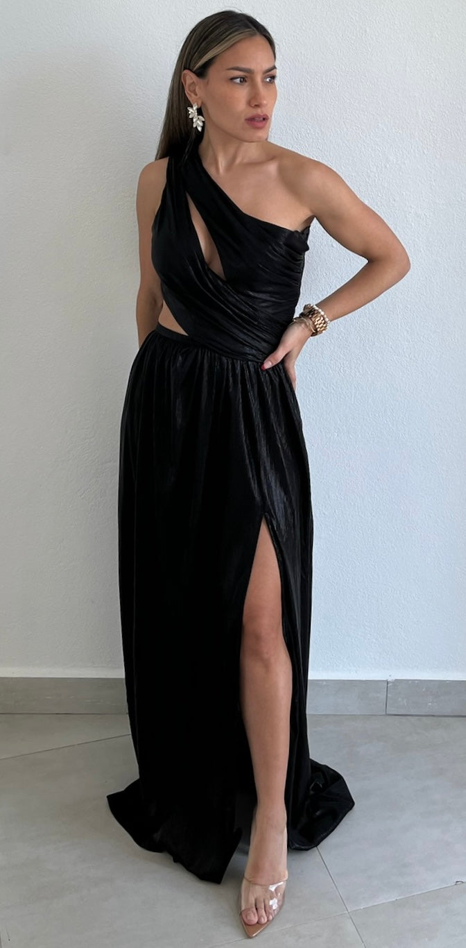 black metallic one shoulder dress Black Metallic One Shoulder Ruched Mini Dress