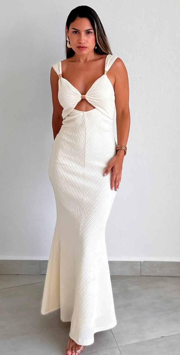 Goddess Style Beige Cut-Out Maxi Dress