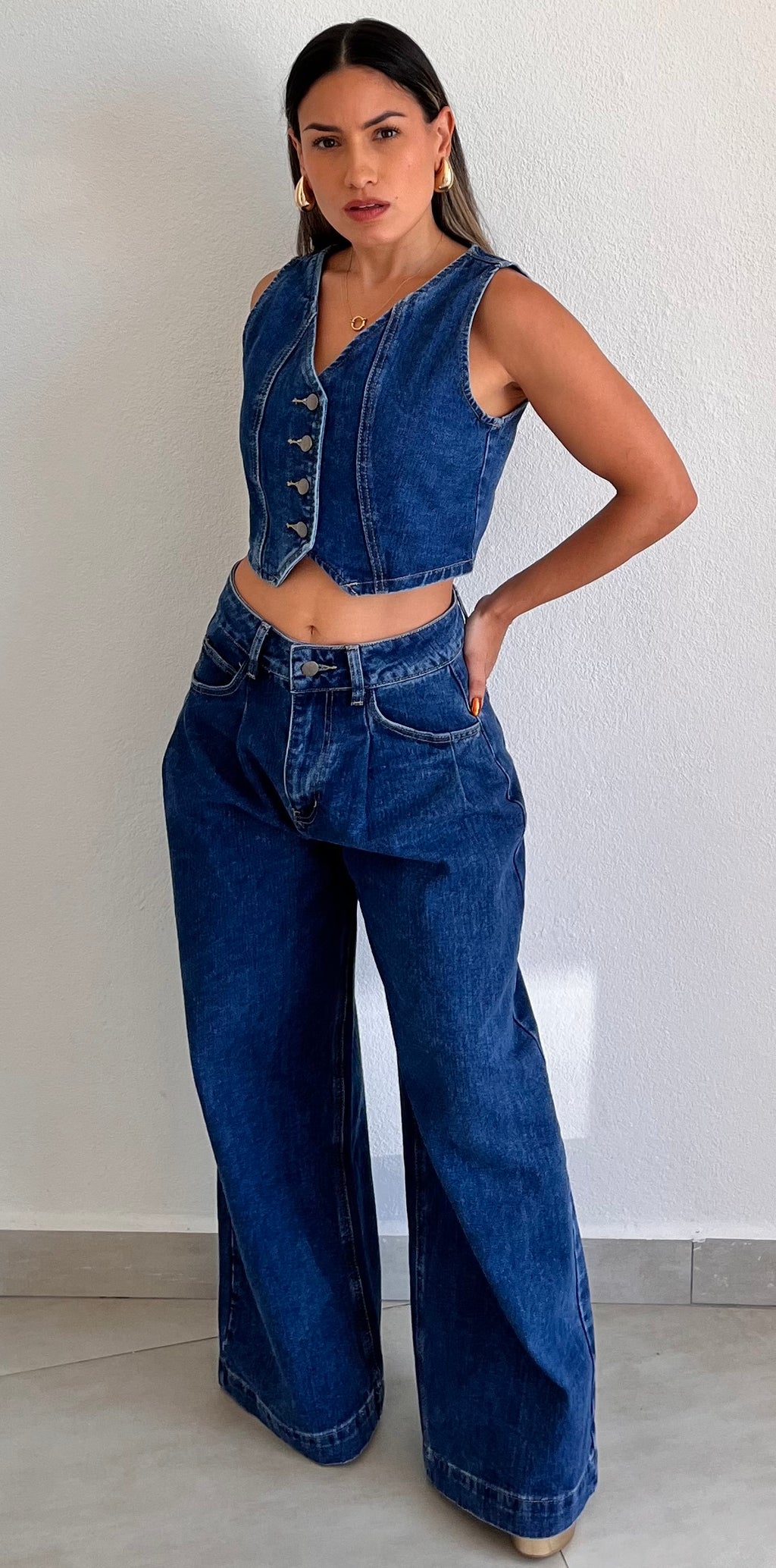 In Vest in Denim Two-Piece Set