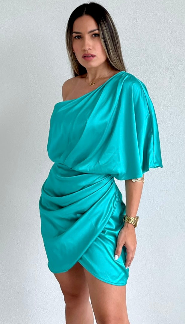 Elegant Poise Turquoise One-Shoulder Satin Dress