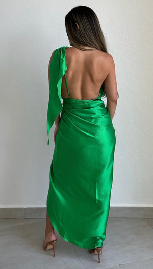 Flirting with Grace Green Satin Midi Dress