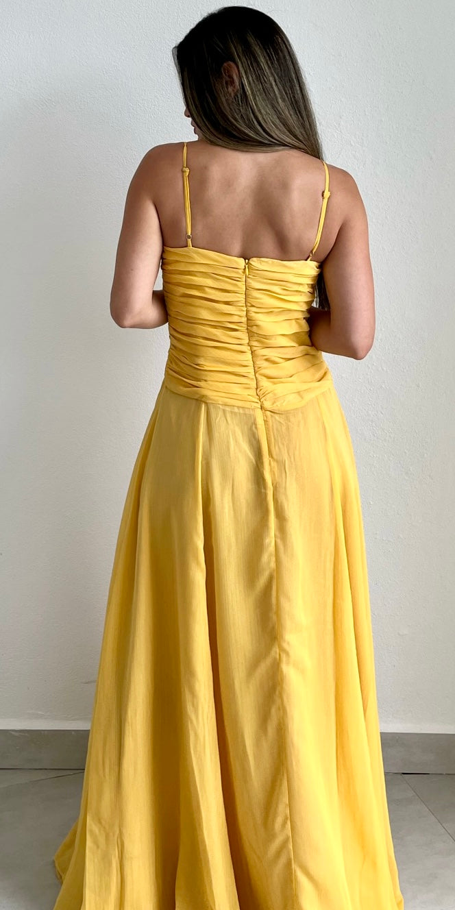 Garden Bloom Yellow Shimmer Maxi Dress