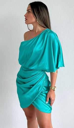 Elegant Poise Turquoise One-Shoulder Satin Dress