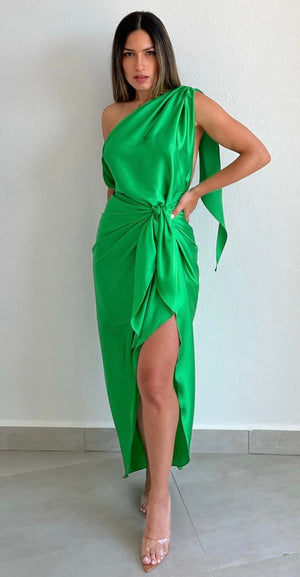 Flirting with Grace Green Satin Midi Dress