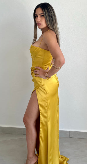 Remarkable Arrival Yellow Satin Formal Gown
