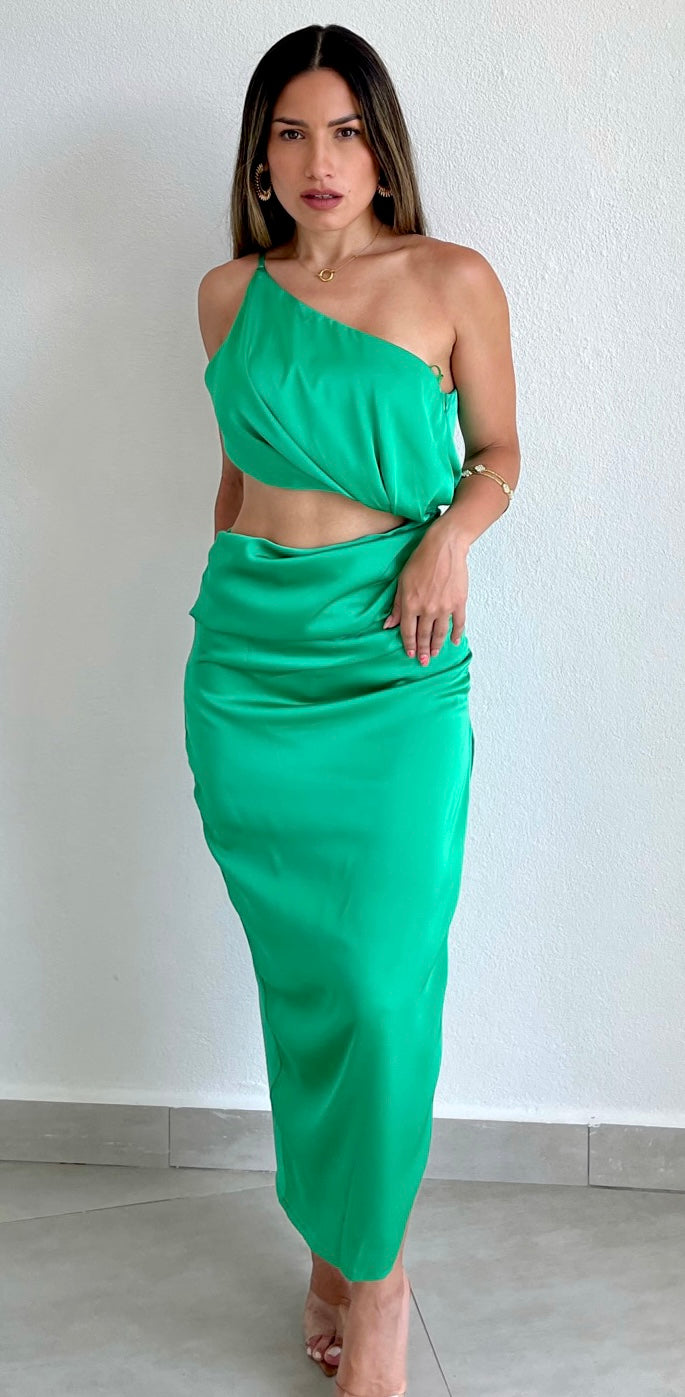 Glamorous Ways Green One-Shoulder Midi Dress