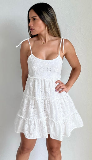 Friendly Flirtation White Eyelet Flare Dress