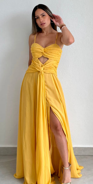 Garden Bloom Yellow Shimmer Maxi Dress