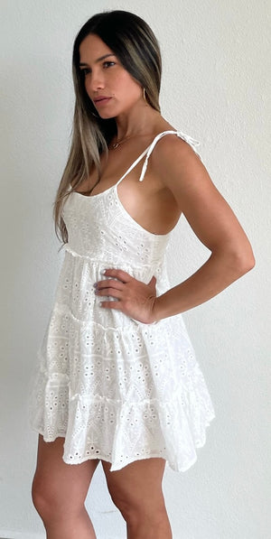 Friendly Flirtation White Eyelet Flare Dress