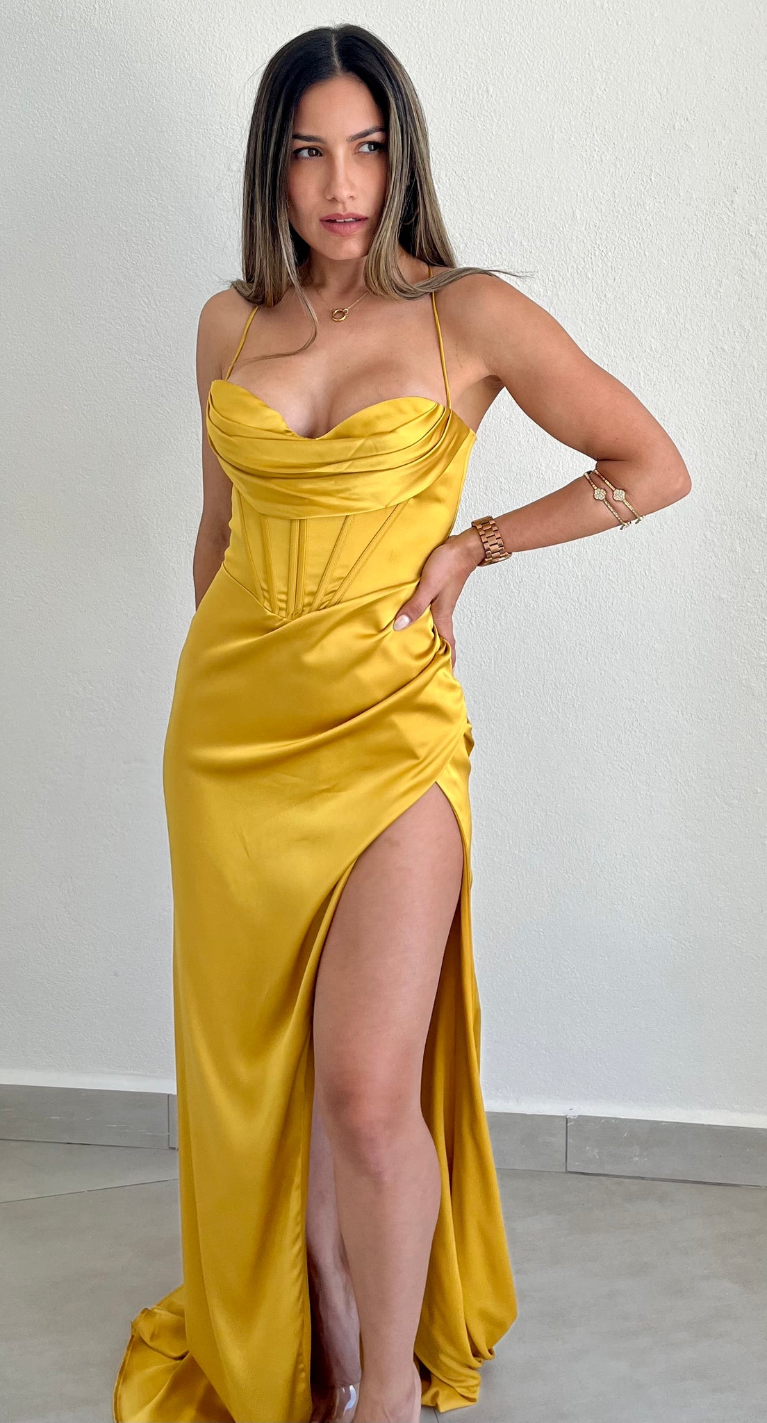 Remarkable Arrival Yellow Satin Formal Gown