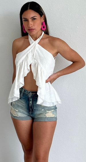 Tropical Attitude White Ruffled Halter Top