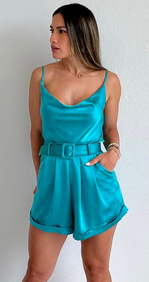 Successfully Stylish Aqua Satin Romper