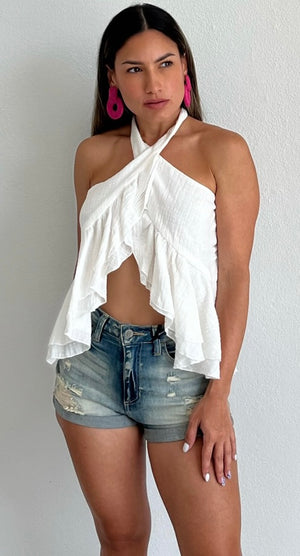 Tropical Attitude White Ruffled Halter Top