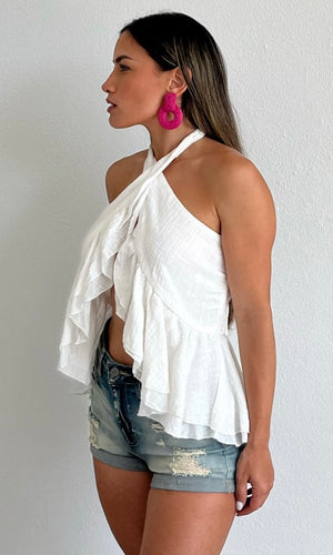 Tropical Attitude White Ruffled Halter Top