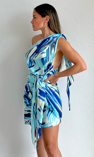 Flirting with Grace Blue Print Satin Dress