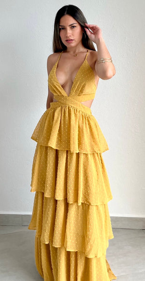 Darling Daylight Mustard Ruffled Maxi Dress