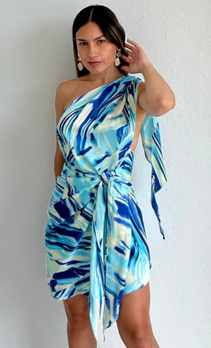 Flirting with Grace Blue Print Satin Dress