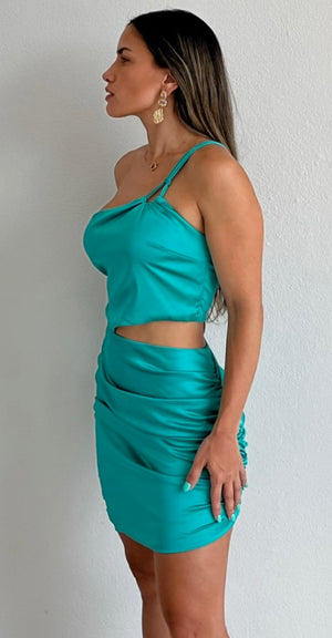 Treat Me Good Turquoise One-Shoulder Satin Dress