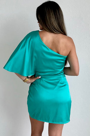 Elegant Poise Turquoise One-Shoulder Satin Dress