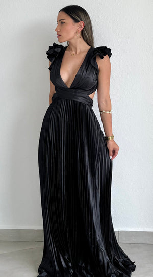 Devoted to Beauty Black Ruffle & Plated Maxi Dress