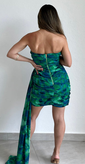 Effortless Attraction Green Print Strapless Dress