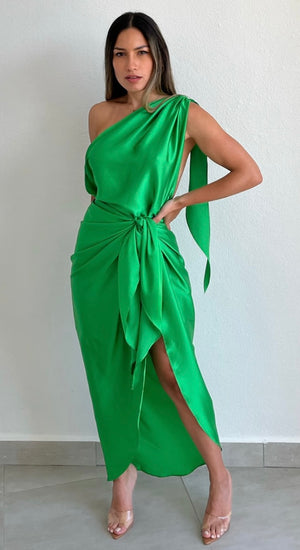 Flirting with Grace Green Satin Midi Dress