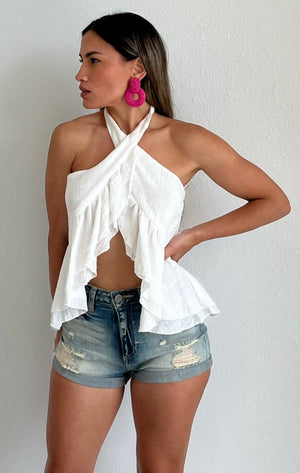 Tropical Attitude White Ruffled Halter Top