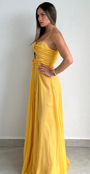 Garden Bloom Yellow Shimmer Maxi Dress