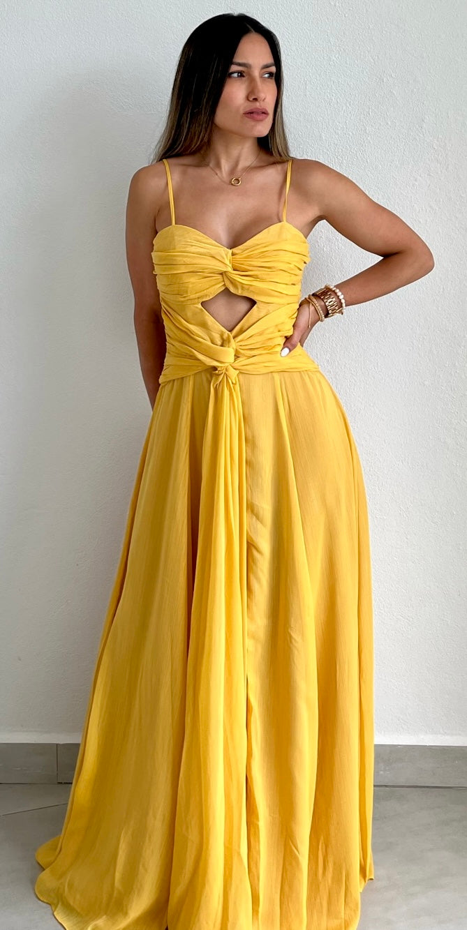 Garden Bloom Yellow Shimmer Maxi Dress