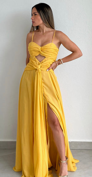 Garden Bloom Yellow Shimmer Maxi Dress