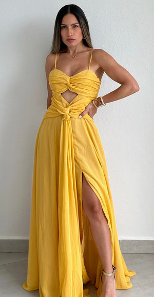 Garden Bloom Yellow Shimmer Maxi Dress