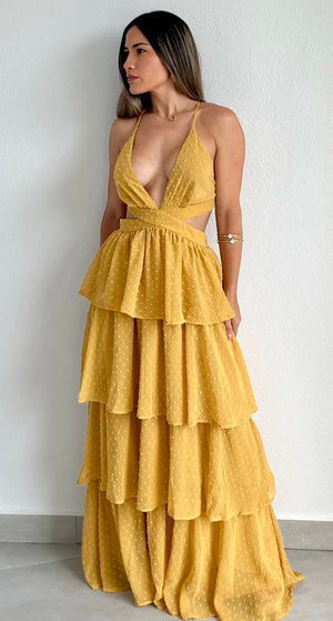 Darling Daylight Mustard Ruffled Maxi Dress