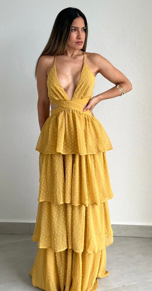 Darling Daylight Mustard Ruffled Maxi Dress