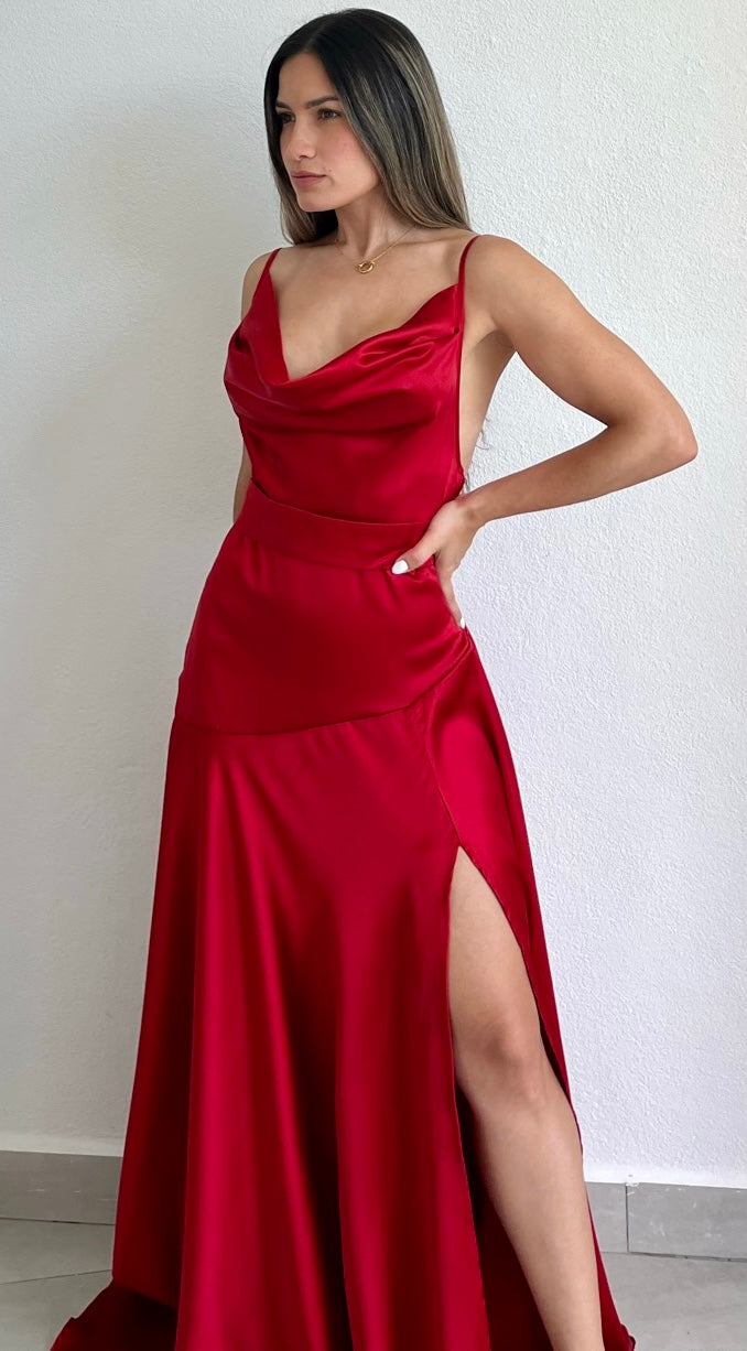 Essential Invite Red Satin Maxi Dress