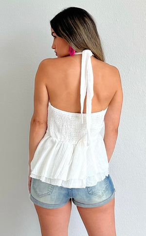 Tropical Attitude White Ruffled Halter Top