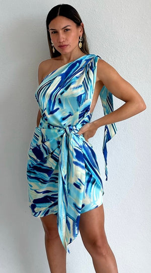 Flirting with Grace Blue Print Satin Dress