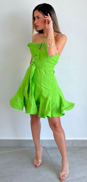 Party for Two Lime Halter Fit & Flare Dress