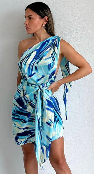 Flirting with Grace Blue Print Satin Dress